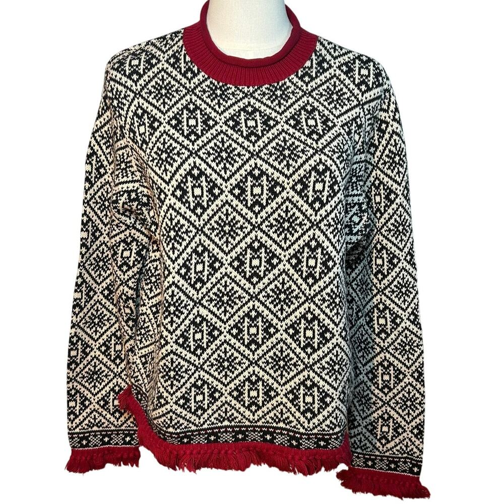 VTG 90s Talbots Large Winter Chalet Snowflake Fringe Knit Pullover Sweater Luxe